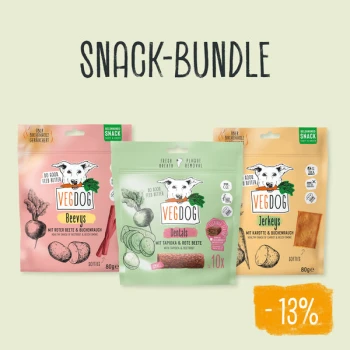 Snack-Bundle für Einsteiger Vegdog Snack-Paket mit drei Leckerlis: "Beevys," "Dentals," und "Jerkeys," alle in bunten Verpackungen mit einem 13% Rabattetikett.