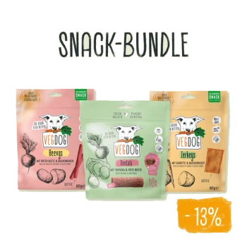 Vegdog Snack-Paket mit drei Leckerlis: "Beevys," "Dentals," und "Jerkeys," alle in bunten Verpackungen mit einem 13% Rabattetikett.