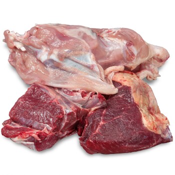 Rohe Fleischstücke, einschließlich Huhn und Rind, auf einem weißen Hintergrund, geeignet für Haustierfutter.