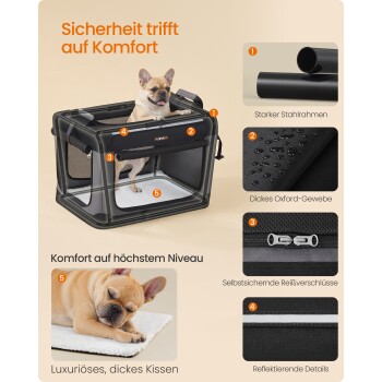 Ein Französischer Bulldogge schaut über eine schwarze Haustierbox, die ihren Stahlrahmen, Oxford-Stoff, selbstverriegelnde Reißverschlüsse und dickes Kissen zeigt.