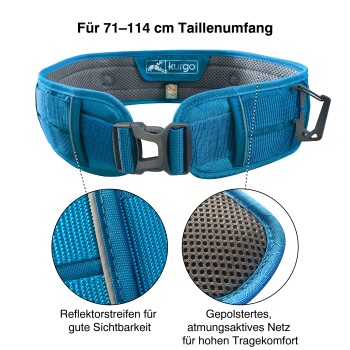 Blauer verstellbarer Haustiergurt für Taillengrößen von 71-114 cm, mit reflektierenden Streifen für Sichtbarkeit und einem gepolsterten, atmungsaktiven Netz für Komfort.