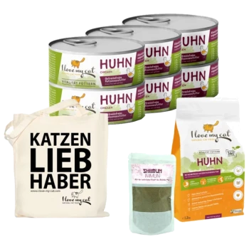 Dose Katzenfutter mit der Aufschrift "Huhn" von "I love my cat," eine Tragetasche mit "KATZEN LIEB HABER," und zwei Päckchen Nahrungsergänzungsmittel.
