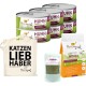 Dose Katzenfutter mit der Aufschrift "Huhn" von "I love my cat," eine Tragetasche mit "KATZEN LIEB HABER," und zwei Päckchen Nahrungsergänzungsmittel.