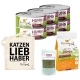 Dose Katzenfutter mit der Aufschrift "Huhn" von "I love my cat," eine Tragetasche mit "KATZEN LIEB HABER," und zwei Päckchen Nahrungsergänzungsmittel.