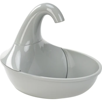 Fontaine à eau pour animaux de compagnie grise avec un design moderne et élégant, dotée d'un bec incurvé et d'une large base de bol.