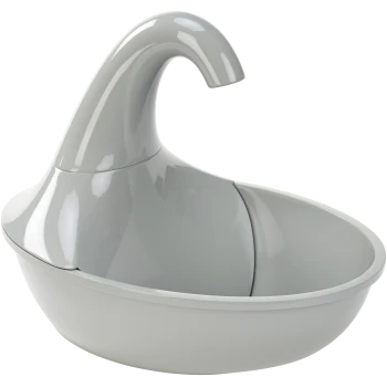 Gray pet water fountain with a sleek, modern design featuring a curved spout and a wide bowl base.