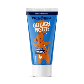 Snack Geflügelpastete 75g Blauer Tubus mit Hundepaste, beschriftet mit "Geflügel Pastete," mit einer verspielten Hundegrafik und Text, der "Ideal fürs Training" und "Für Hunde" angibt.