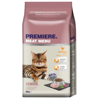 Sac de nourriture pour chats étiqueté "Premiere Meat Menu" pour seniors, avec un chat Bengal, contenant 47 % de volaille et des bienfaits nutritionnels.