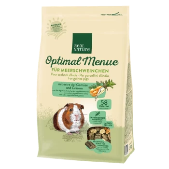 Guinea pig menu with illustration, showcasing 58 ingredients, grain-free formula, and dental health-focused pellet shape.