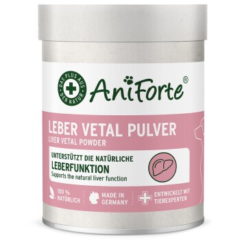 AniForte rosa Dose mit der Aufschrift 'Leber Vetal Pulver' (Liver Vetal Powder) und 'Unterstützt die natürliche Leberfunktion'.