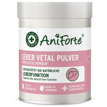 AniForte rosa Dose mit der Aufschrift 'Leber Vetal Pulver' (Liver Vetal Powder) und 'Unterstützt die natürliche Leberfunktion'.