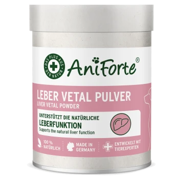 AniForte rosa Dose mit der Aufschrift 'Leber Vetal Pulver' (Liver Vetal Powder) und 'Unterstützt die natürliche Leberfunktion'.