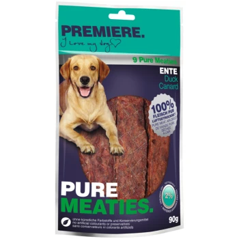 Hondenvoer verpakking met een lachende golden retriever, eendenvlees en tekst: 'PREMIERE. I love my dog,' '9 Pure Meaties,' 'ENTE Duck,' '100% Fleisch pur.'
