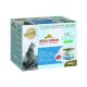 Almo Nature HFC Light Meal Katzenfutterverpackung, mit einem Foto einer Katze, die hinausblickt, mit Text in mehreren Sprachen und einer Dose Thunfisch.