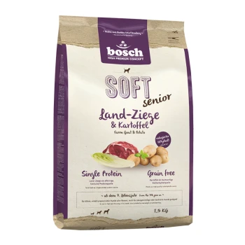 Bosch Soft Senior Hundefutterbeutel, mit "Land-Ziege & Kartoffel" (Farmziege & Kartoffel), als Einzelprotein und getreidefrei gekennzeichnet, 2,5 kg.