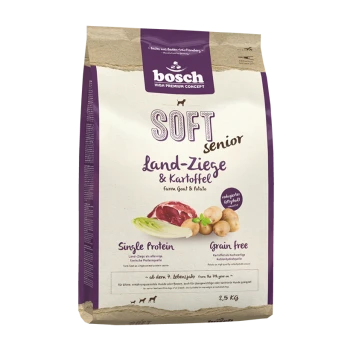 Bosch Soft Senior Hundefutterbeutel, mit "Land-Ziege & Kartoffel" (Farmziege & Kartoffel), als Einzelprotein und getreidefrei gekennzeichnet, 2,5 kg.