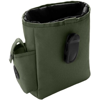 Grüner Haustier-Leckerlitasche mit einem schwarzen Clip und Seitentasche, entworfen für Bequemlichkeit während Spaziergängen oder Trainingseinheiten.