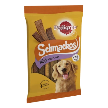 Pedigree Schmackos dog treats package featuring a happy golden retriever, with text indicating "x20 Multi Mix" and "≤30 kcal."