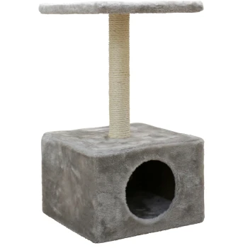 Grauer Plüsch-Kratzbaum mit quadratischer Basis, rundem Eingang und einem mit Sisal umwickelten Kratzpfosten, der mit einer flachen Plattform abschließt.