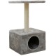 Grauer Plüsch-Kratzbaum mit quadratischer Basis, rundem Eingang und einem mit Sisal umwickelten Kratzpfosten, der mit einer flachen Plattform abschließt.