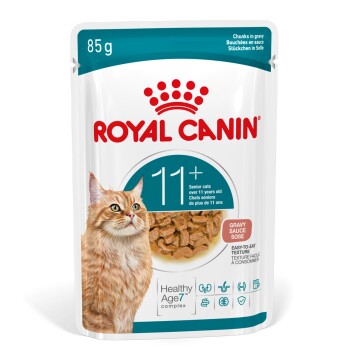 Royal Canin 85g nat kattenvoerzakje voor senior katten 11+ met jus, met afbeelding van een oranje tabby kat.