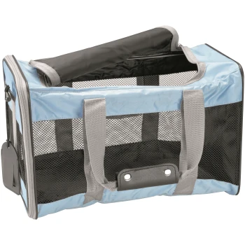 Transporttasche Tbag Hellblauer und schwarzer Haustierträger mit Netzseiten und grauen Griffen, entworfen für den Transport kleiner Tiere.