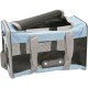 Transporteur pour animaux bleu clair et noir avec des côtés en maille et des poignées grises, conçu pour transporter de petits animaux.