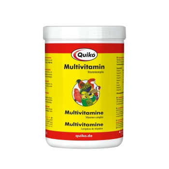 Quiko Multivitamin-Ergänzung für Vögel, mit einem bunten Etikett, das verschiedene Vogelillustrationen und Texte in mehreren Sprachen zeigt.