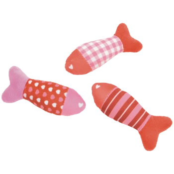Drei plüschige, fischförmige Haustierspielzeuge in rosa und roten Mustern mit kleinen weißen Herzdetails.