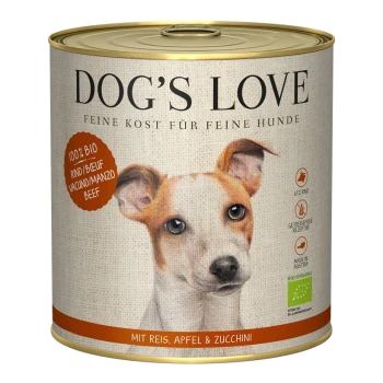 Eine Dose "Dog's Love" Hundefutter mit einem Hundebild, beschriftet mit 100% Bio-Rindfleisch mit Reis, Apfel und Zucchini.
