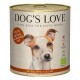 Eine Dose "Dog's Love" Hundefutter mit einem Hundebild, beschriftet mit 100% Bio-Rindfleisch mit Reis, Apfel und Zucchini.