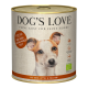 Puszka karmy dla psów "Dog's Love" z wizerunkiem psa, oznaczona jako 100% organiczna wołowina z ryżem, jabłkiem i cukinią.