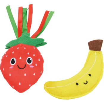 Two plush pet toys shaped like a smiling strawberry with green and red ribbons and a smiling yellow banana.