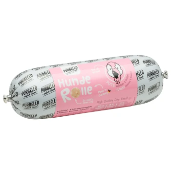 Hochwertiger Hundewurst-Roll mit der Aufschrift 'Hunde Rolle' in pinker Verpackung, hergestellt in Deutschland, mit Truthahn als Hauptzutat.