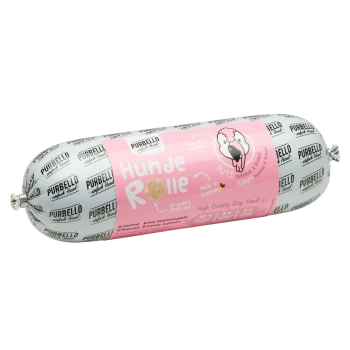 Hochwertiger Hundewurst-Roll mit der Aufschrift 'Hunde Rolle' in pinker Verpackung, hergestellt in Deutschland, mit Truthahn als Hauptzutat.