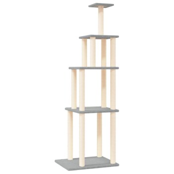 Ein hoher, mehrstöckiger Kratzbaum für Katzen mit fünf Plattformen, mit grauen Stoffoberflächen und hellen Holzpfosten.