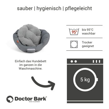 Größenempfehlung für rundes Hundebett: S (40x35 cm) für Dackel, M (50x40 cm) für Beagle, L (60x50 cm) für Münsterländer.