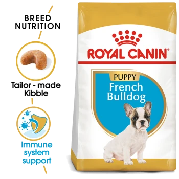 Royal Canin Puppy food bag for French Bulldogs, showcasing a puppy image and highlighting tailored nutrition and immune support.