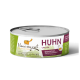 Eine Dose "Ich liebe meine Katze" mit natürlichem Katzenfutter, beschriftet mit "Huhn" (chicken) und einer getreidefreien Formel, mit einer Cartoon-Katze und einem Hühnersymbol.
