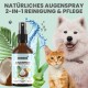Naturspray für die Augen 2-in-1 Reinigung & Pflege, mit einer braunen Flasche mit Sprühkopf, umgeben von Kokosnuss, Aloe Vera und Wasserelementen.