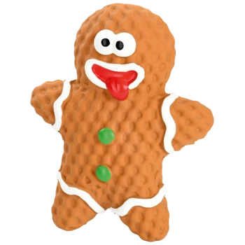 Jouet pour chien texturé en forme de bonhomme en pain d'épices marron avec détails en glaçage blanc, boutons verts et langue rouge tirée.