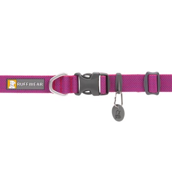 Ein lebhaft pinkfarbener Hundehalsband mit einem silbernen D-Ring und einer schwarzen Kunststoffschnalle, mit dem 'RUFFWEAR'-Logo.