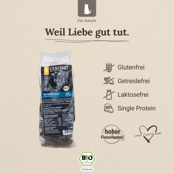 Liebesgut-Tüte mit Bio-Katzenleckerlis unter der Überschrift 'Weil Liebe gut tut.'; Symbole: 'Glutenfrei', 'Getreidefrei', 'Laktosefrei'.