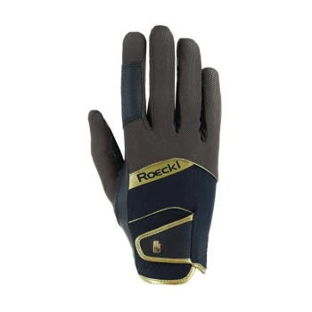 Braune und schwarze Roeckl-Handschuhe mit goldenen Akzenten, mit strukturiertem Griff und passgenauer Passform, auf einem weißen Hintergrund präsentiert.