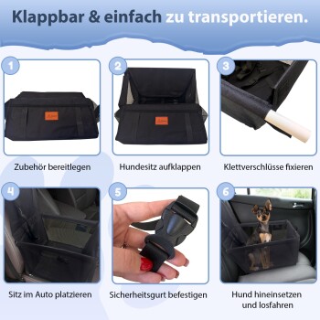 Bild zeigt eine Schritt-für-Schritt-Anleitung zum Einrichten eines tragbaren Hundesitzes im Auto, mit sechs nummerierten Schritten und einem kleinen Hund, der im Sitz sitzt.