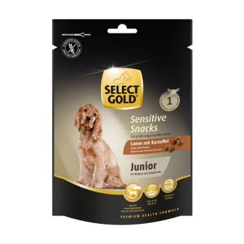 Select Gold Sensitive Snacks for dogs, featuring a cocker spaniel on the front, labeled "Lamb with Potato" and "Junior."