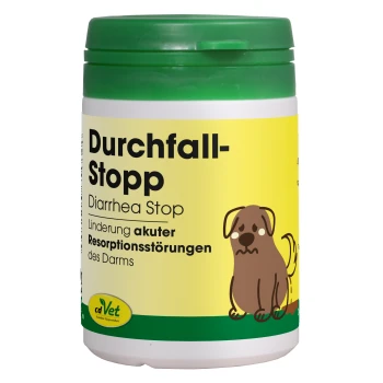 Behälter von cdVet DurchfallStopp für Haustiere, mit einem grünen Deckel und einem gelben Etikett mit Text in Deutsch und Englisch.