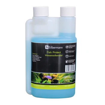 Flasche Silbermann Fish Protect Wasseraufbereiter, 250 ml, mit blauer Flüssigkeit, mit Anweisungen und Vorteilen auf Deutsch.