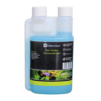 Flasche Silbermann Fish Protect Wasseraufbereiter, 250 ml, mit blauer Flüssigkeit, mit Anweisungen und Vorteilen auf Deutsch.