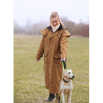 Person in braunem Mantel, die einen gelben Labrador Retriever an der Leine auf einer Wiese spazieren führt.